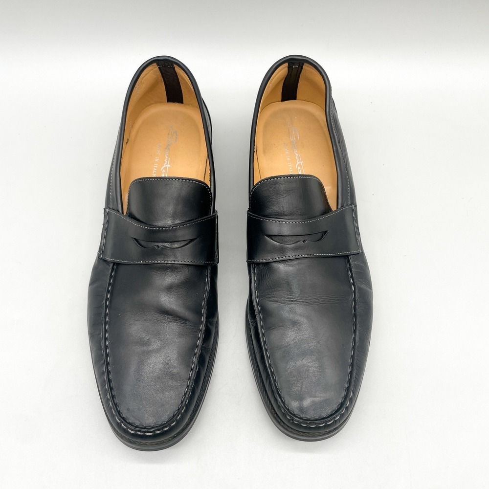 Santoni Mens 10.5 D Penny Loafers Black Leather Moc Toe Classic Preppy Casual